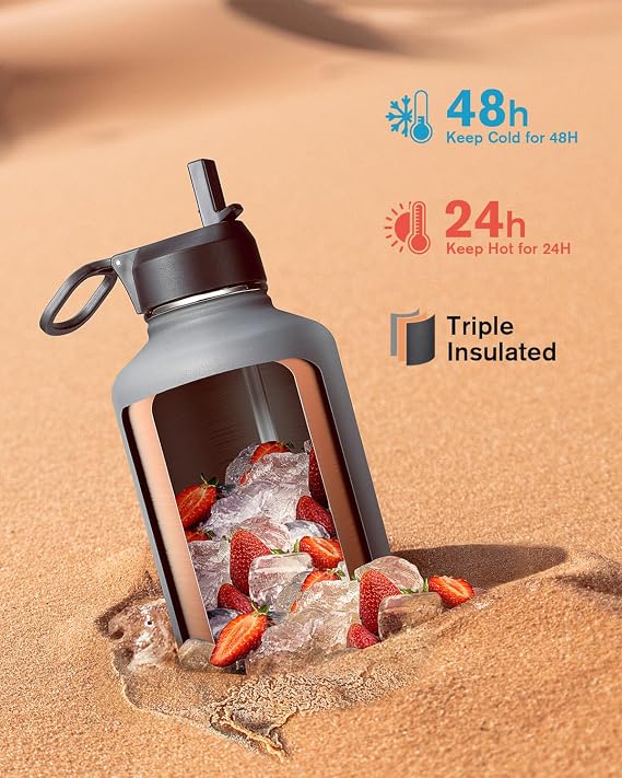 Coolflask Water Bottle 2L Insulated with Straw & 3 Leakproof Lids | Stainless Steel Water bottles Large Triple-Wall, Cold 48+h/Hot 24+h Dishwasher Safe, BPA-Free, for Sports Gym & Hiking