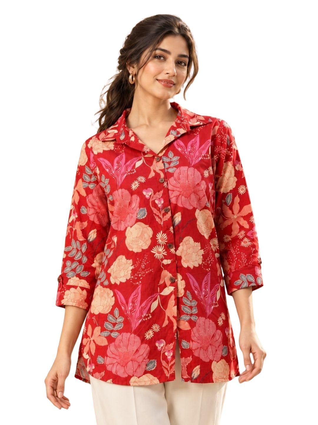 feranoid Versatile Collared Shirt for Women (Red, S-3XL) - Image 2
