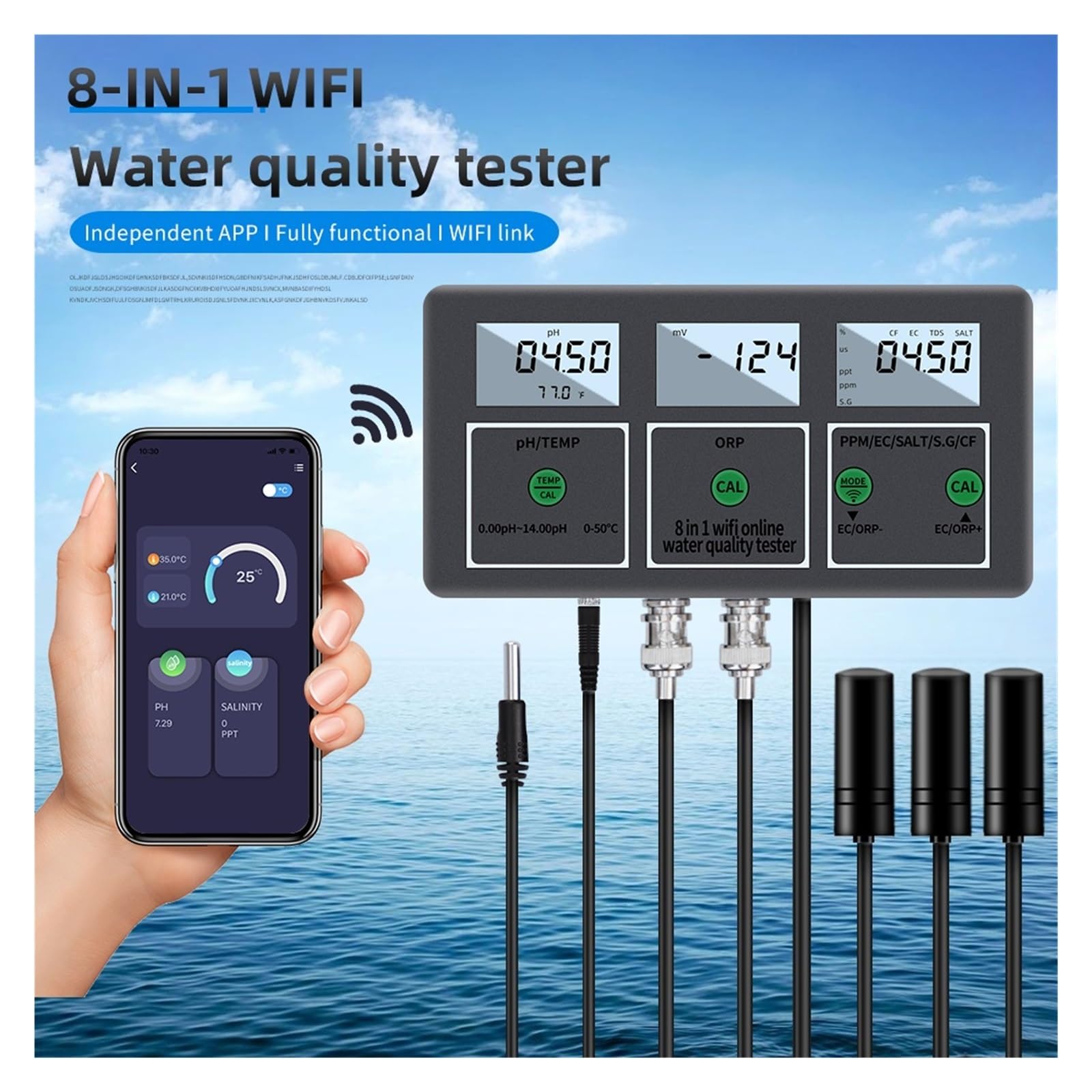 8in1 Digitale WiFi Tester Di Qualità Del'acqua PH EC TDS SALE SG.Temp ORP CF Meter Multifunzione Smart Monitor Tuya APP Controllo Misurazione Accurata