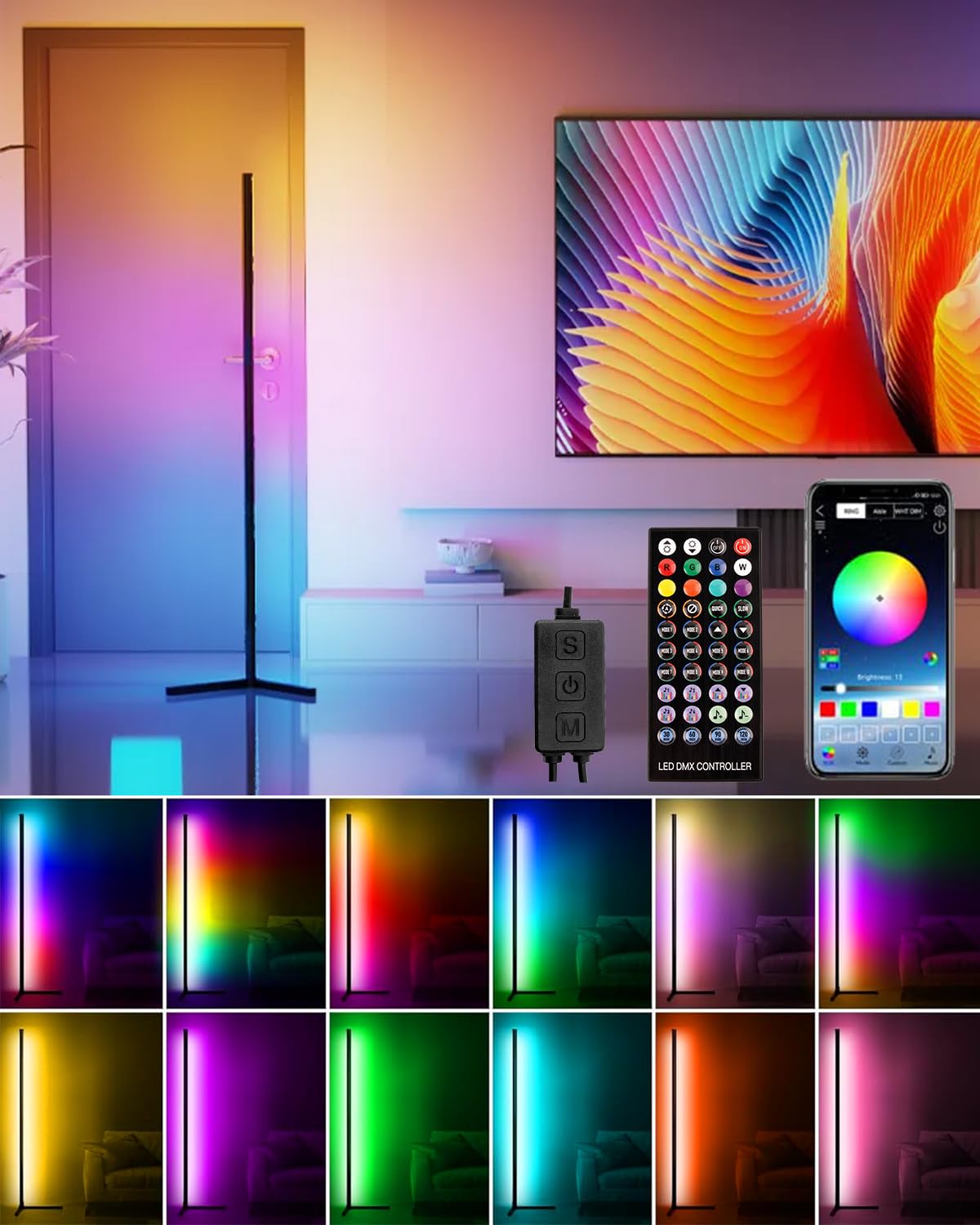 160cm LED Corner Floor Lamp, Smart RGB Floor Lamp, Dimmable RGB Standing Floor Lamp With Music Sync Color Changing Function, 3 Side Illumination, 16 Million Colors, With APP & Remote Control