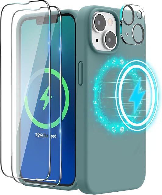 SURPHY Magnetic Case Designed for iPhone 14 Plus Case, Liquid Silicone with 2 Pack Screen Protector + 1 Pack Camera Lens Protector, Compatible with MagSafe for iPhone 14 Plus 6.7 inch, Cactus Green