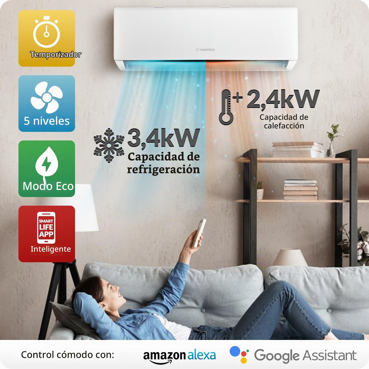 HANTECH Split aire acondicionado 12000 BTU H-PRO función de calefacción y refrigeración, filtro de aire, WIFI, material de montaje