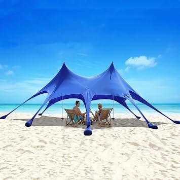 Beach Sun Shelter Canopy Tent, 10-12 People Capacity, with Sand Anchors and Grass Pegs, UV Protection for Beach, Camping, Fishing, Blue