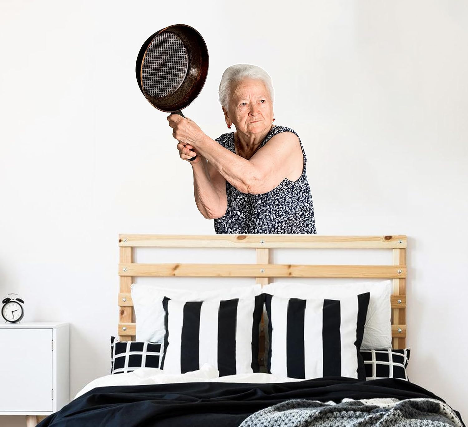 Funny Wall Decal Old Lady With Pan - Peel and Stick Removable Art Sticker Granny Poster Mural for Bedroom Kitchen Dining Room Dorm - Weird Stuff Funny Gifts for Friends (26" x 22")
