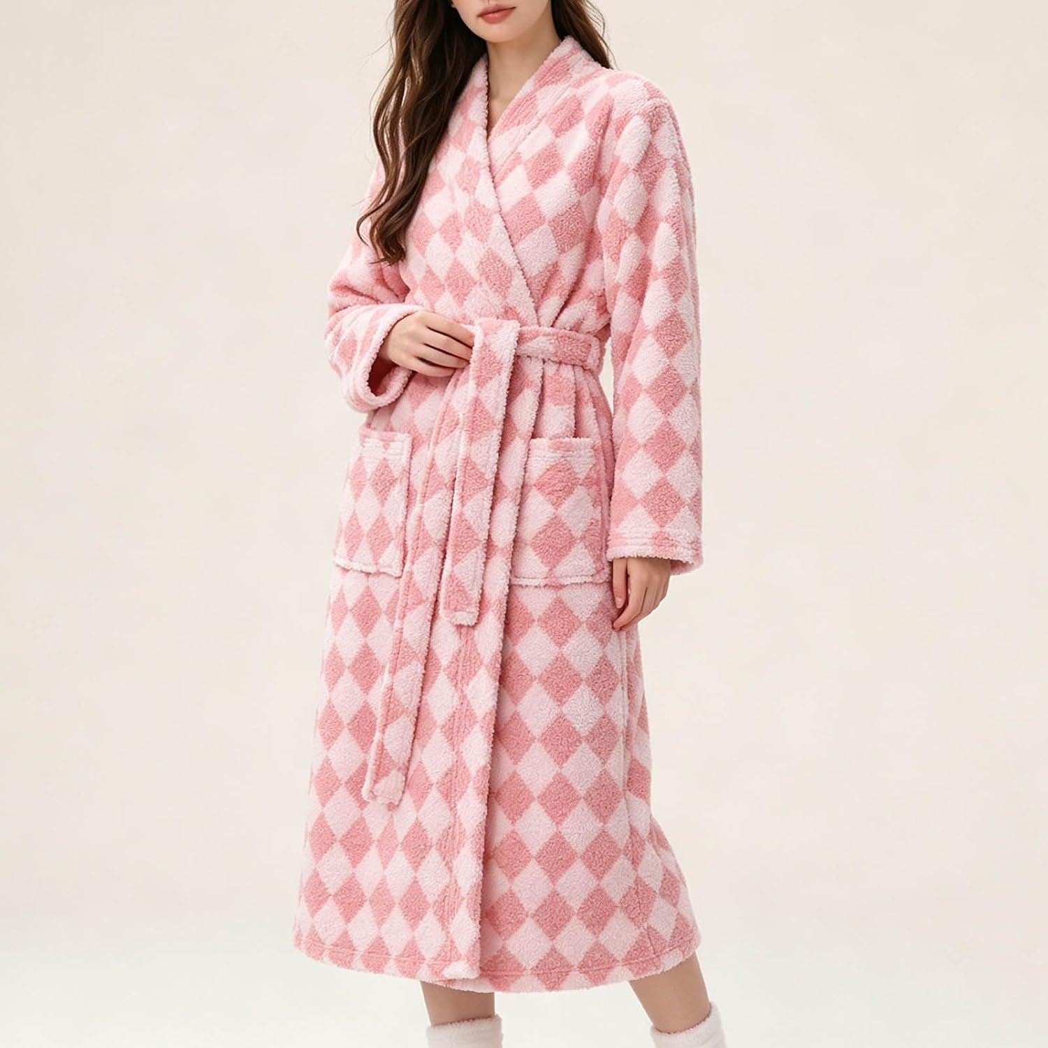 Women's Checkered Robe Long Sleeve Belted Fleece Classic Bathrobe
