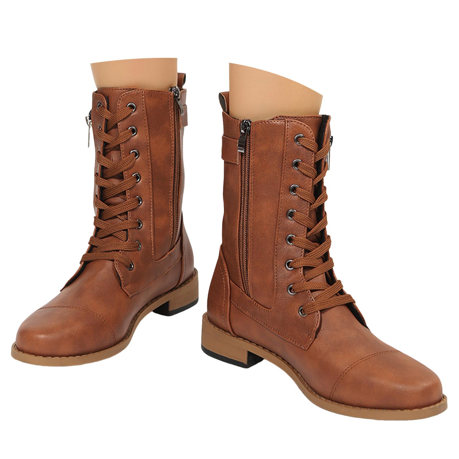 Womens Mid Calf Boots with Side Zipper Lace Up Ankle Booties Round Toe Casual Fashion Winter Comfortable Low