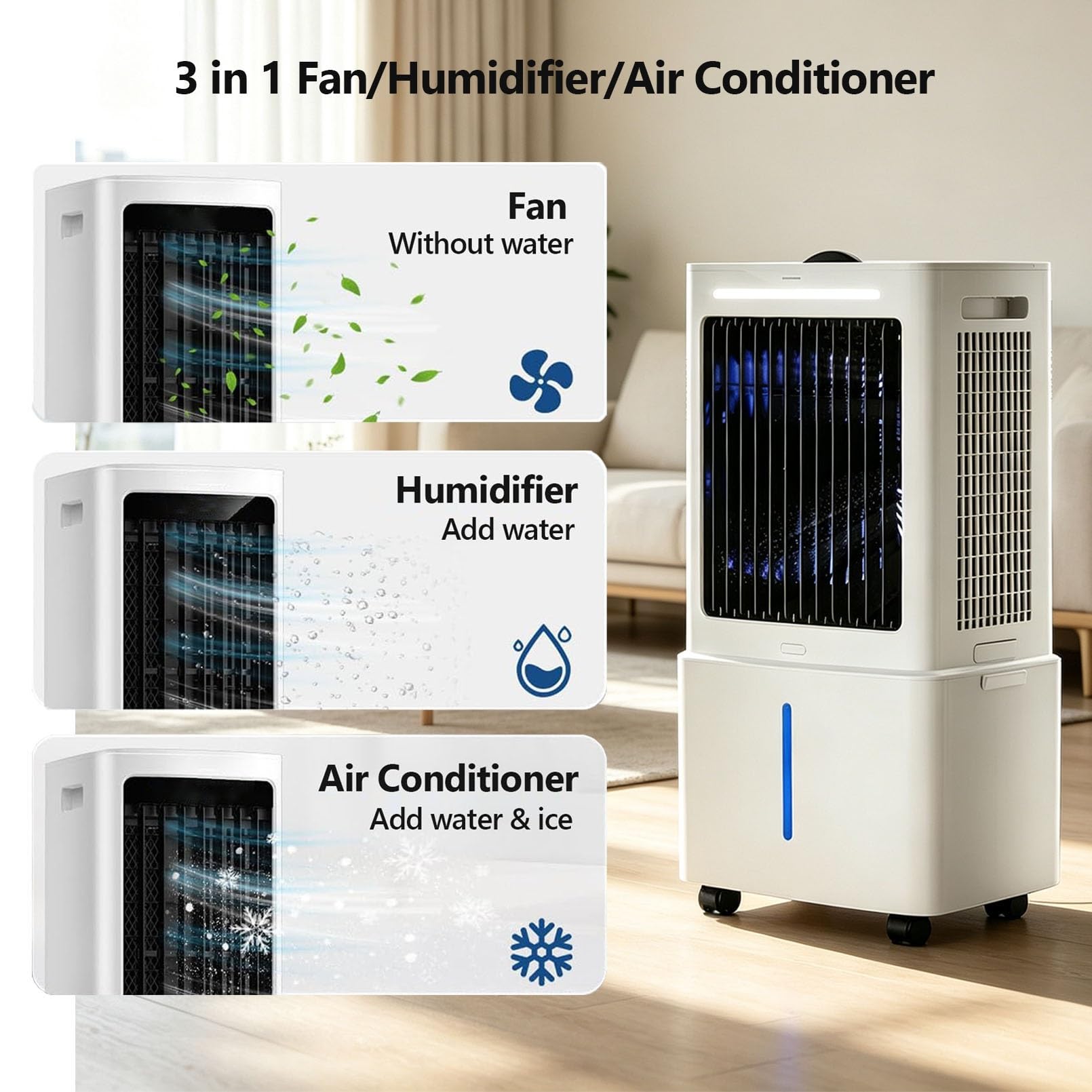Enfriador de aire portátil 20L, 2000m³/h, 80W, 3 Velocidades, oscilación, 2 bloques hielo, Climatizador Evaporativo Portátil para Hogar y Oficina
