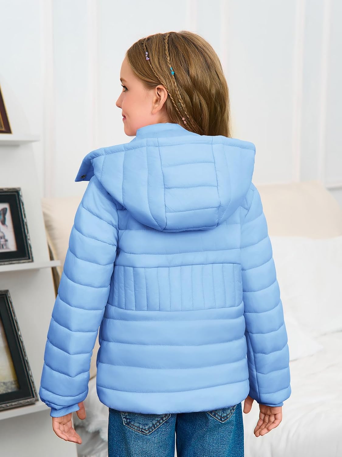 Haloumoning Girls Hooded Puffer Jacket Kids Winter Quilted Down Coats with Zipper Pockets 5-14 Years