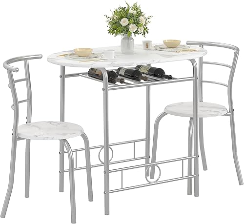 VECELO Juego de mesa de comedor de 3 piezas para rincón de desayuno, mesa ovalada de mármol sintético y marco de metal con estante de vino