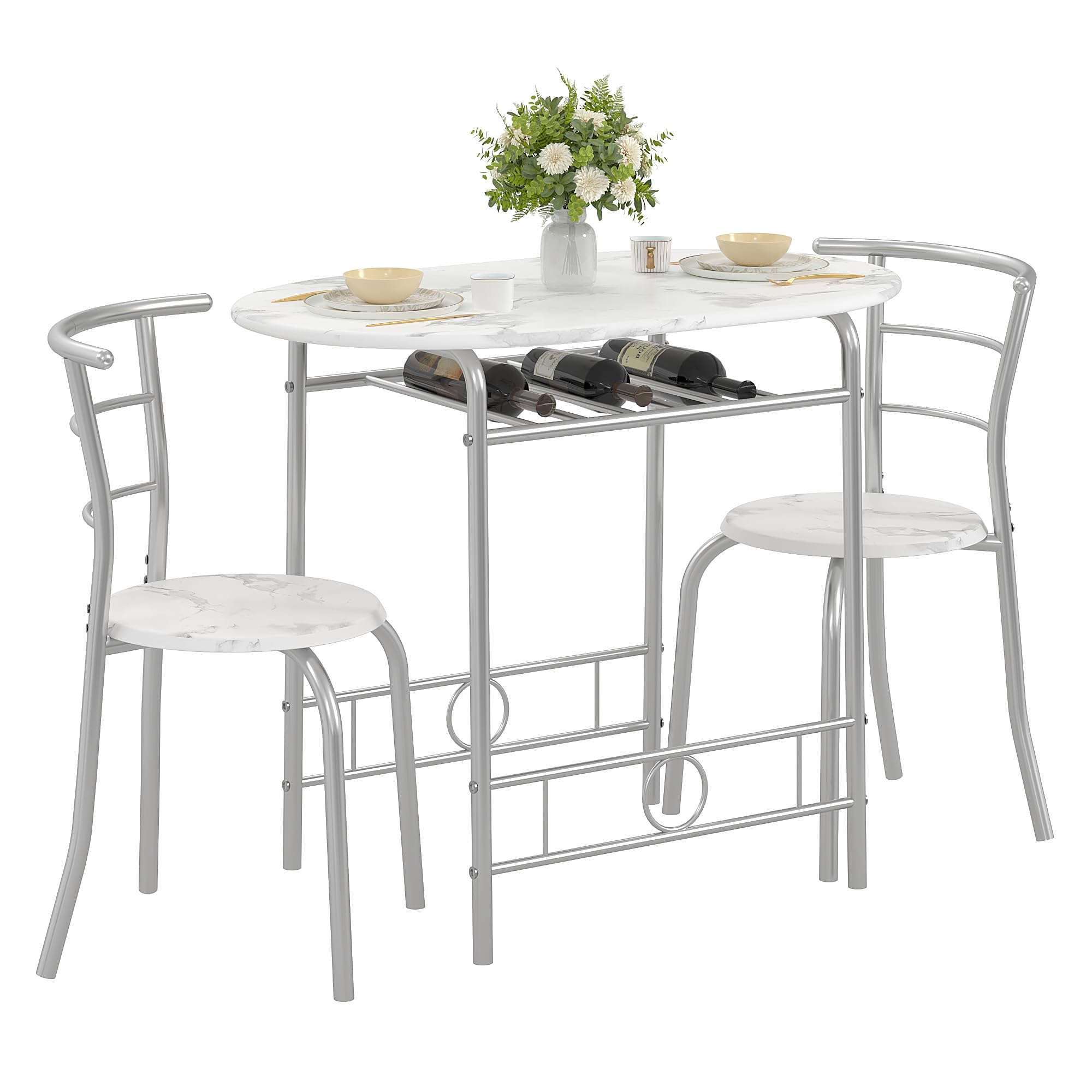 VECELO 3-Piece Dining Table Set for Kitchen Breakfast Nook, Faux Marbled Oval Tabletop and Metal Frame with Built-in Wine Rack, for Small Spaces, White &amp; Silver