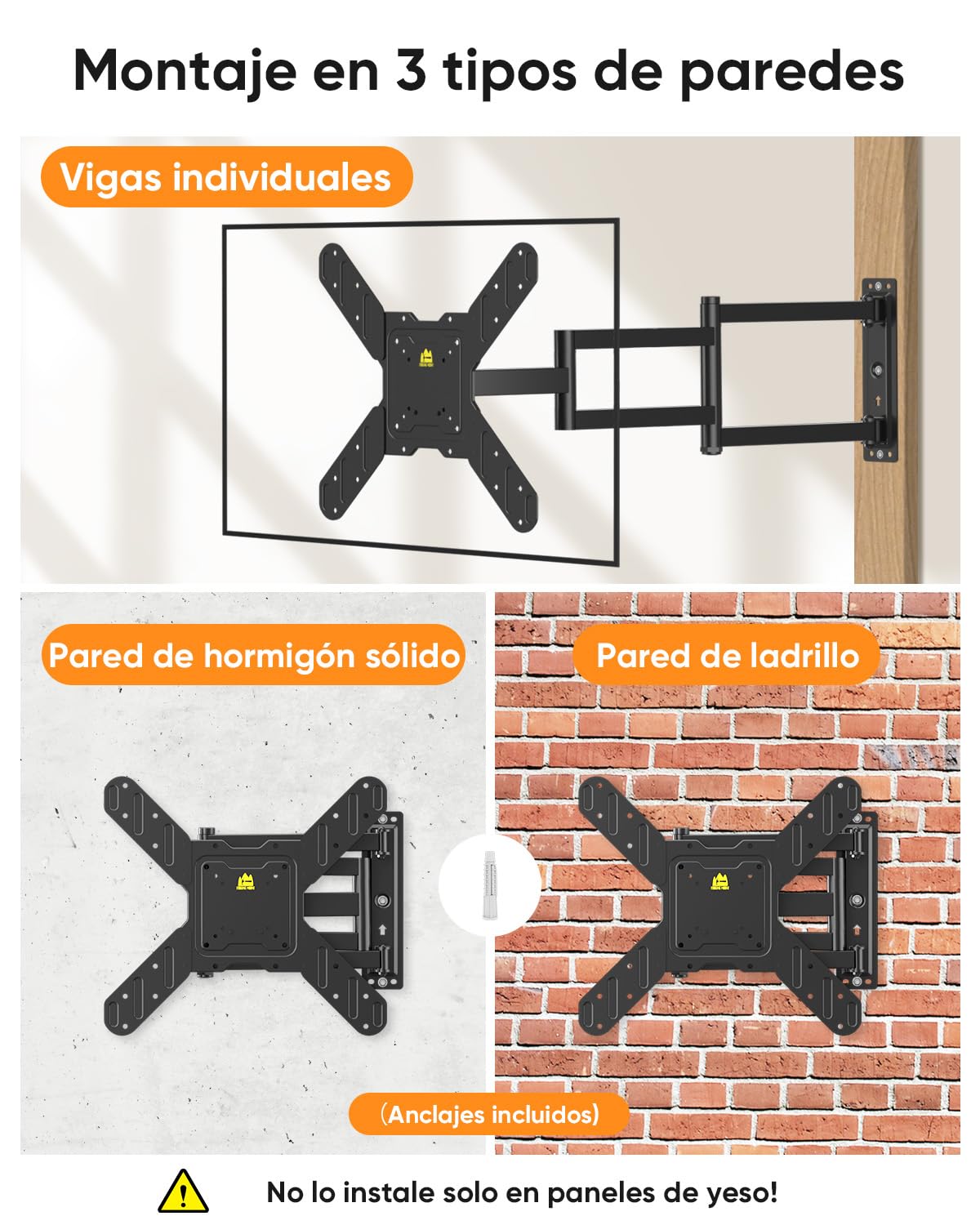 FORGING MOUNT Soporte TV Pared 26-65 Pulgadas con 820mm Brazo Articulado Extralargo, Soporte Pared TV Inclinable y Giratorio con Brazos Tres, Máximo VESA 400x400 mm hasta 35kg