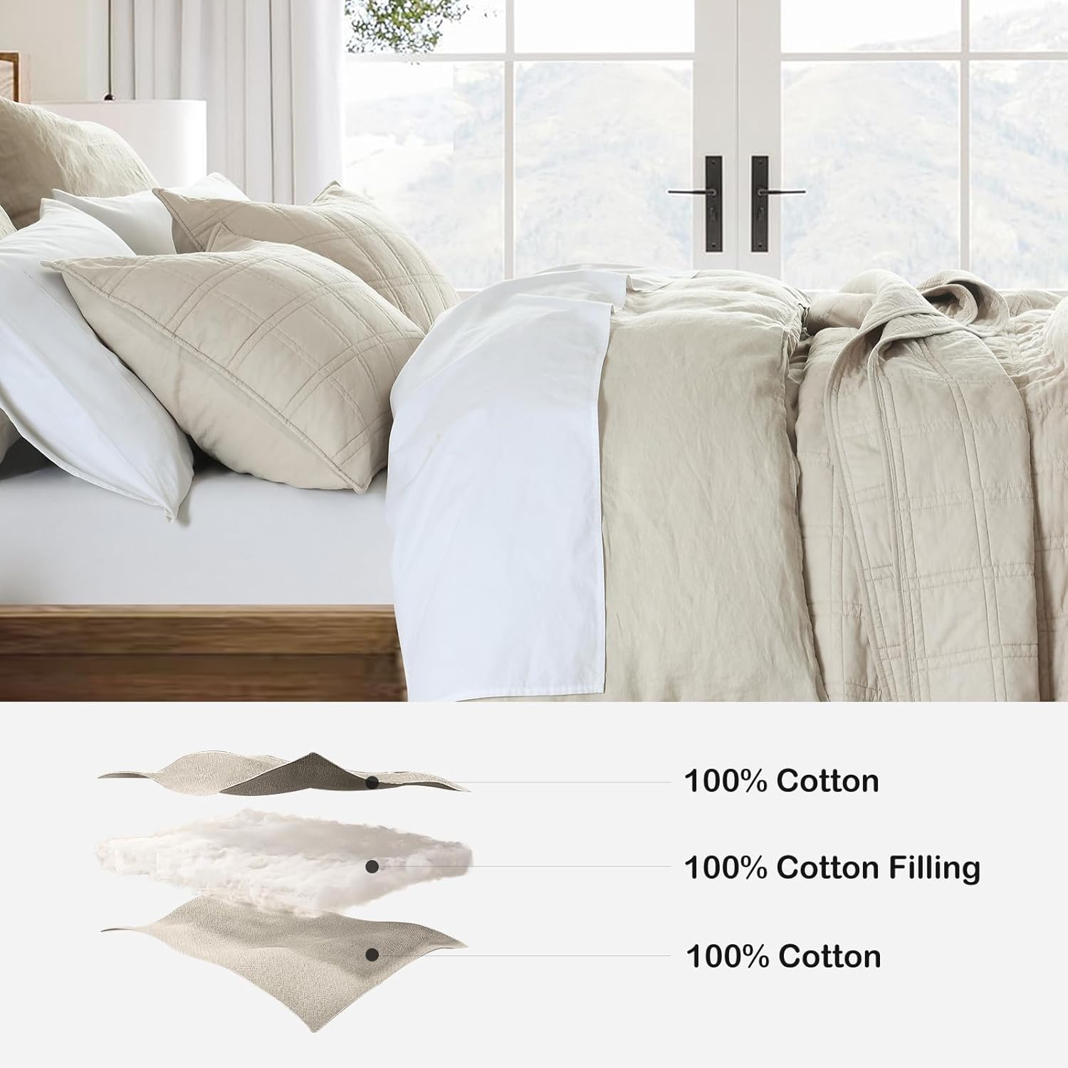 HORIMOTE HOME 100% Cotton Quilted Pillow Shams King Size, Beige Pre-Washed 2 Pack 20" x 36" Cozy Pillowcases, Breathable Stitching Pillow Cases Cover Decorative for Bed in Geometric Pattern