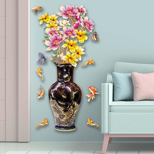 Miniatura 2 de Calcomanías de pared de flores de magnolia de estilo chino, jarrón clásico, abejas, mariposas, flores, decoración de pared, sala de estar,