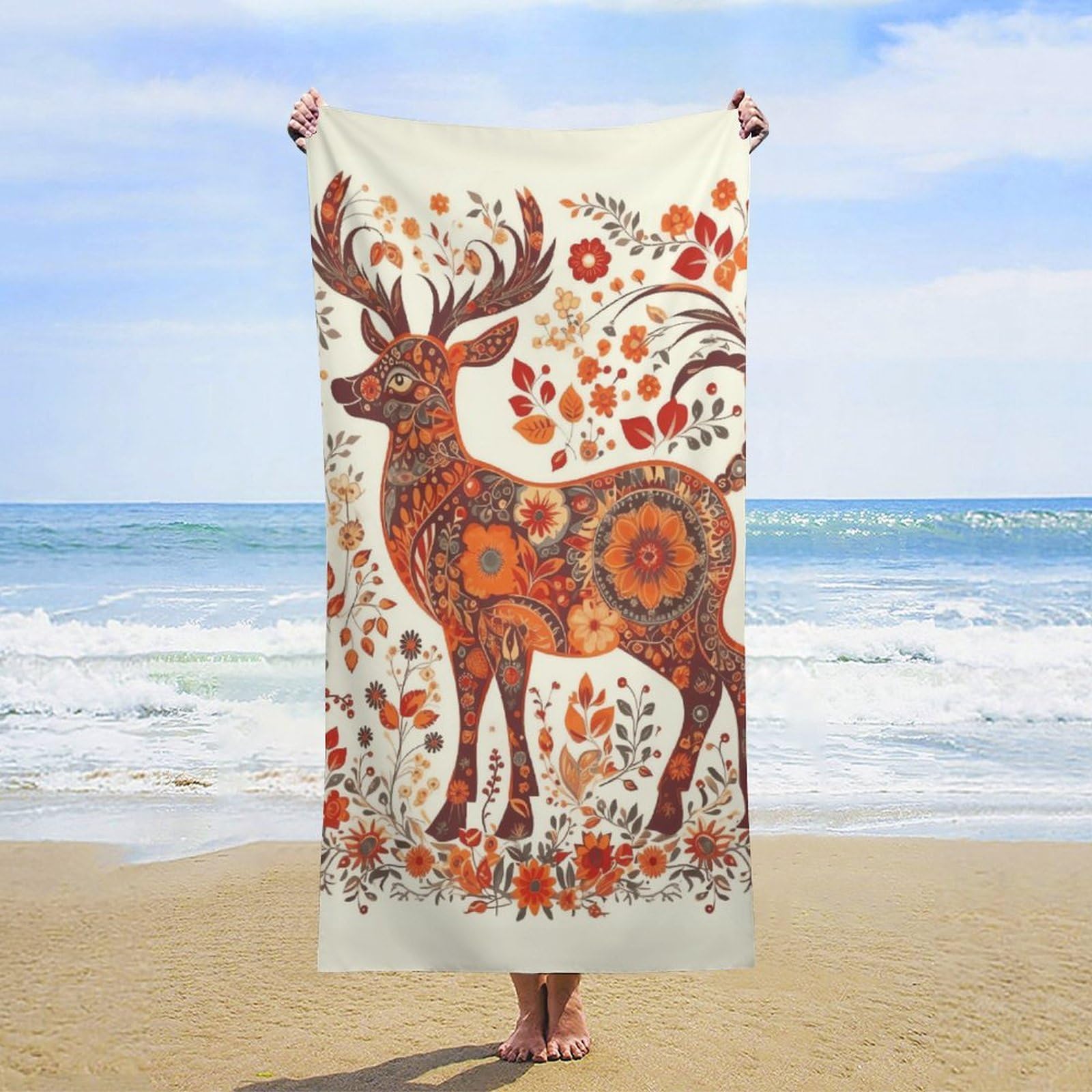 NTVOWPZO Red and Orange Deer Beach Towel Oversized Microfiber Bath Towels Lightweight Sand Proof Beach Towels Absorbent Pool Towels for Swimming Yoga Bathroom Towel 31.5" X 63"