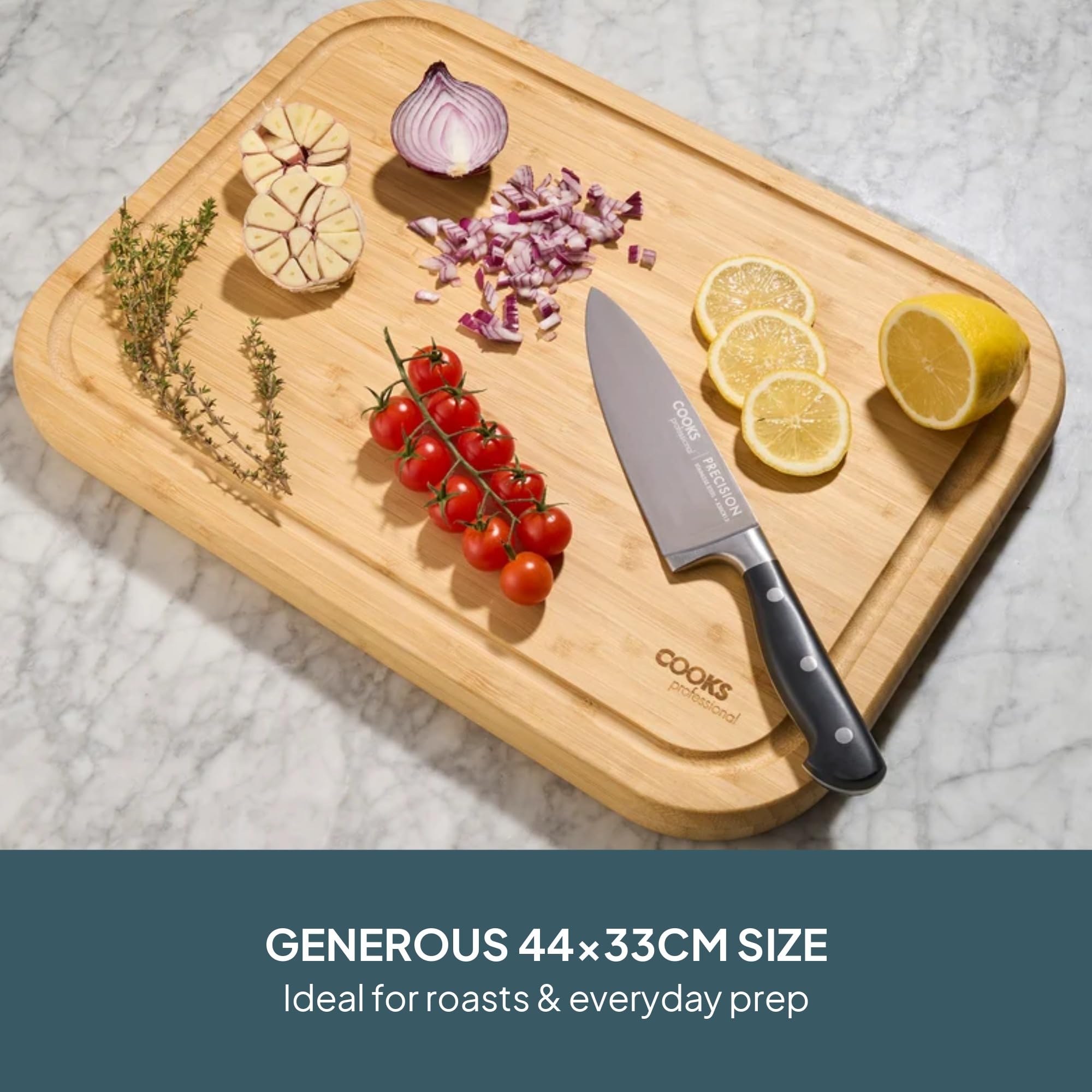 Cooks Professional Großes wendbares Bambus-Schneidebrett mit Saftrille, glatte und stachelige Seite, doppelseitige, antibakterielle, nicht poröse Holzschneidebretter oder Serviertablett, 44 x 33 cm