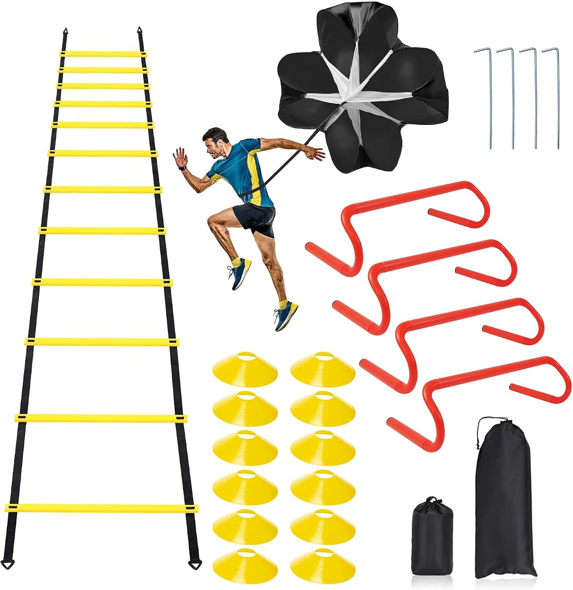 Juego de equipo de entrenamiento con escalera de velocidad y agilidad, incluye escalera de agilidad de 12 peldaños de 20 pies, 4 vallas de agilidad, 12 conos de disco, 1 paracaídas de resistencia para entrenar atletas de fútbol y baloncesto