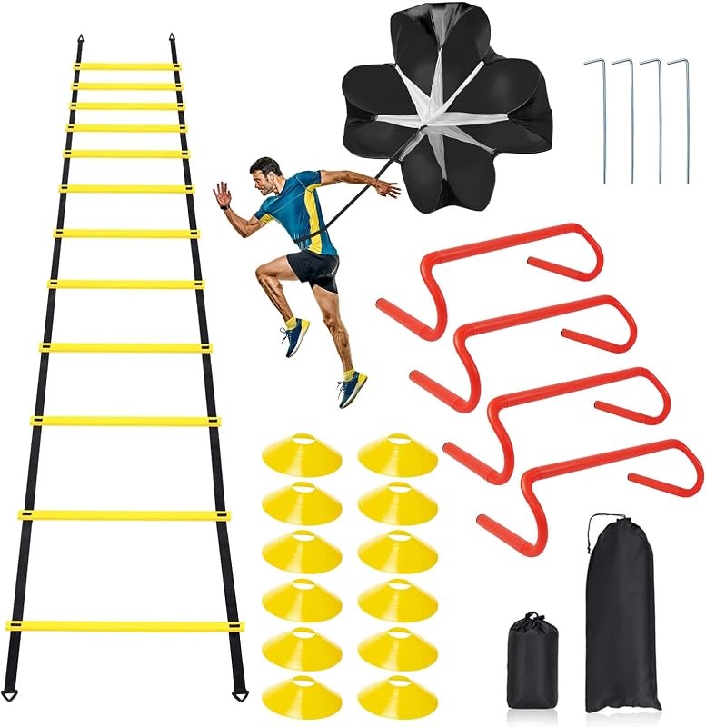 Juego de equipo de entrenamiento con escalera de velocidad y agilidad, incluye escalera de agilidad de 12 peldaños de 20 pies, 4 vallas de agilidad, 12 conos de disco, 1 paracaídas de resistencia para entrenar atletas de fútbol y baloncesto