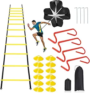 Speed & Agility Ladder Training Equipment Set, Includes 12 Rung 20ft Agility Ladder, 4 Agility Hurdles,12 Disc Cones, 1 Resistance Parachute for Training Football Soccer Basketball Athletes product image