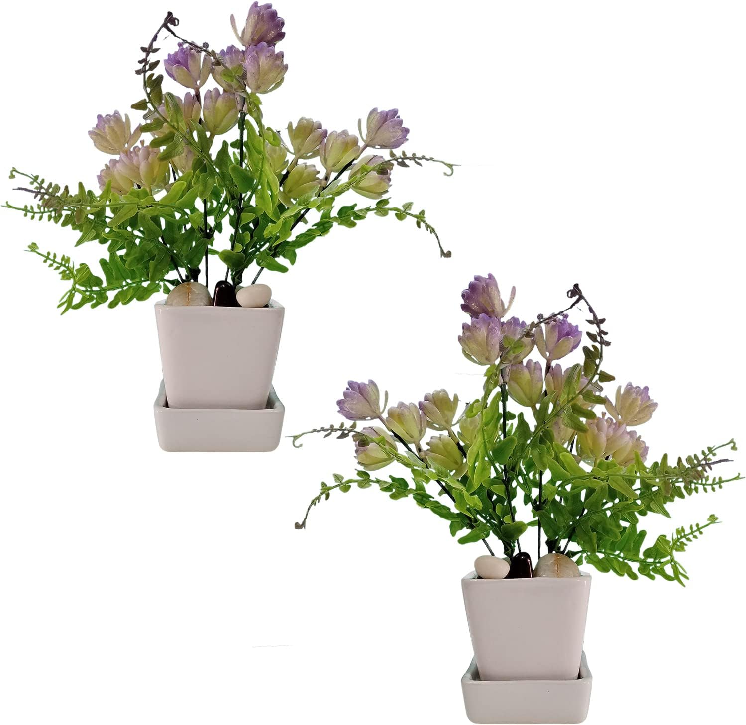 Caajib Decor Imported Artificial Purple Flower for Decoration with Designer White Pot with Tray & Beautifu Stones Perfect for Home | Fire Retardant & UV Protected - Pack of 2