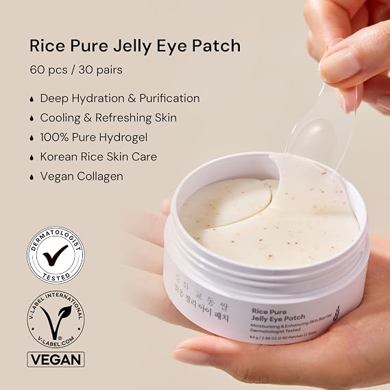 THANKYOU FARMER Rice Pure Jelly Eye Patch, 60 Count, Hydrogel Under Eye Mask Patches, Cooling Vitality & Elasticity Support with Niacinamide & Panthenol, Two Shapes for Multi-Area, Korean Skin Care