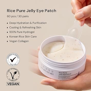 THANKYOU FARMER Rice Pure Jelly Eye Patch, 60 Count, Hydrogel Under Eye Mask Patches, Cooling Vitality & Elasticity Support with Niacinamide & Panthenol, Two Shapes for Multi-Area, Korean Skin Care