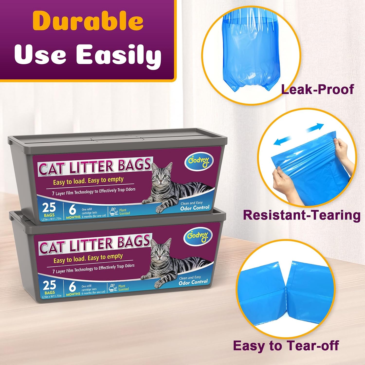 Cat Litter Refill Bags Compatible with Genie Easy Roll Litter Bin, 50 Count Bags Long Lasting Cat Bag Cartridge, 7-Layer Odor Control, Leak-Proof & Easy Tear Design