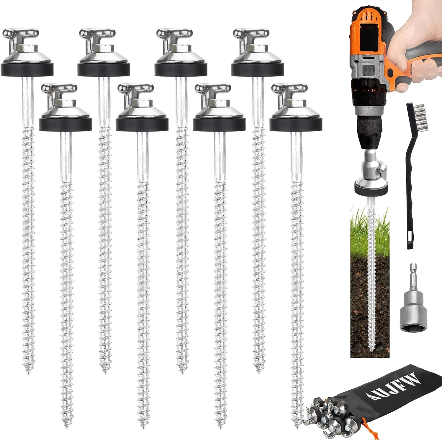 8 Pcs 12" Drillable Tent Stakes, Hex Pegs Stakes, Drillable Threaded Long Hook Top Packs Tent Stakes for Grassland Garden Tents Canopies Awnings Camping Travel (Hex Tool and Storage Bag)