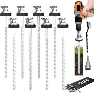 8 Pcs 12" Drillable Tent Stakes, Hex Pegs Stakes, Drillable Threaded Long Hook Top Packs Tent Stakes for Grassland Garden Tents Canopies Awnings Camping Travel (Hex Tool and Storage Bag)