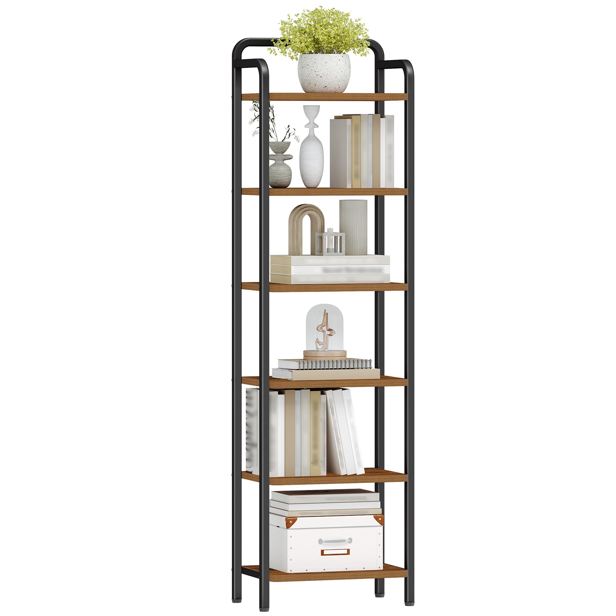 Hzuaneri Scaffale a 6 Ripiani, Libreria, Scaffale Stretto per Libri, Mensola D'angolo Industriale, Mensola Sottile per Ufficio, Soggiorno, Camera da Letto, Cucina, Marrone Vintage e Nero BC44601B