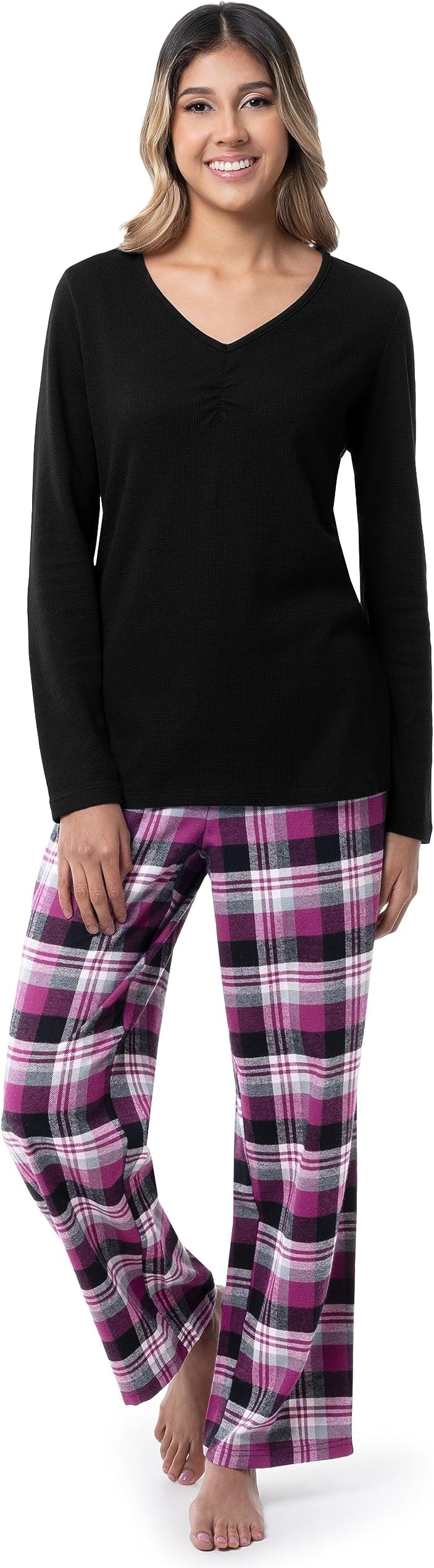 Women's Waffle V-Neck Top and Flannel Pant Sleep Pajama Set