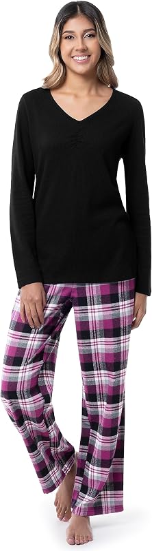Fruit of the Loom Conjunto de pijama para dormir con top tipo gofre con cuello en V y pantalón de franela para mujer