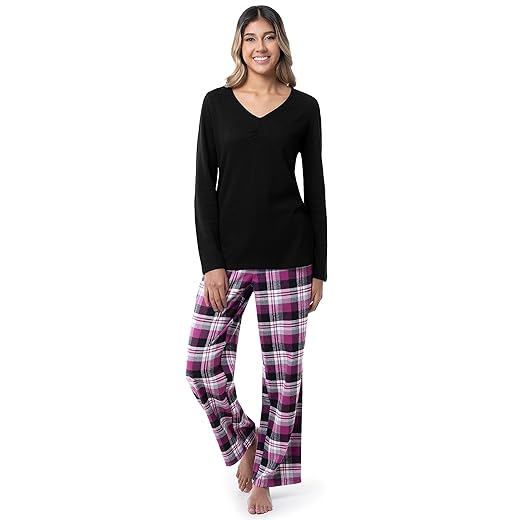 Fruit of the Loom Women's Waffle V-Neck Top and Flannel Pant Sleep Set, Black/Berry Plaid