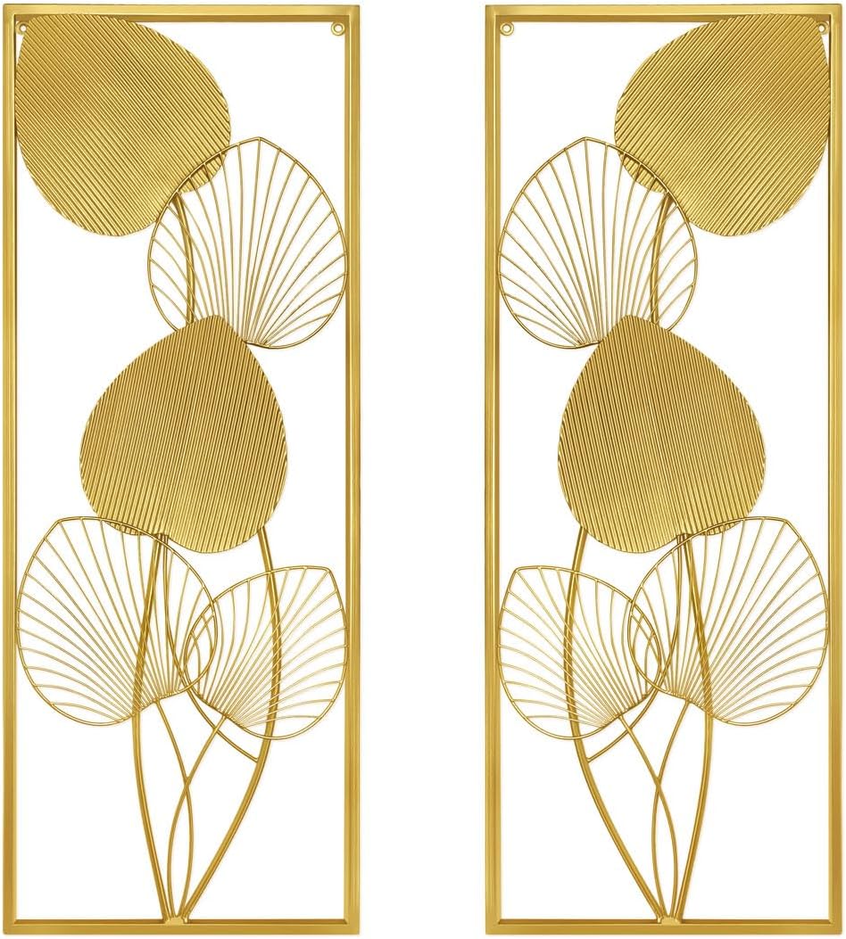 AOTISBAO32" Large Home Metal Wall Decor Set of 2 Gold Metal Wall Art Wall Sculptures Ruffled Fan Palm Leaf Wall Hanging Decor with Frame for Living Room Bedroom Study Room Home Office