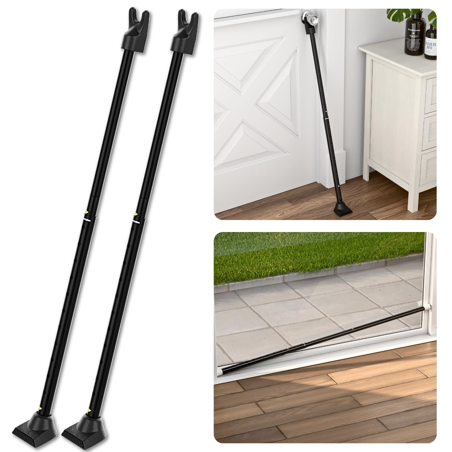 SECURITYMAN 2-in-1 Door Security Bar & Sliding Patio Door Security Bar (2 Pack) via Interchangeable Caps - Heavy Duty Iron Construction Door Stoppers Lock for Home, Apartment, Travel Hotel - Black