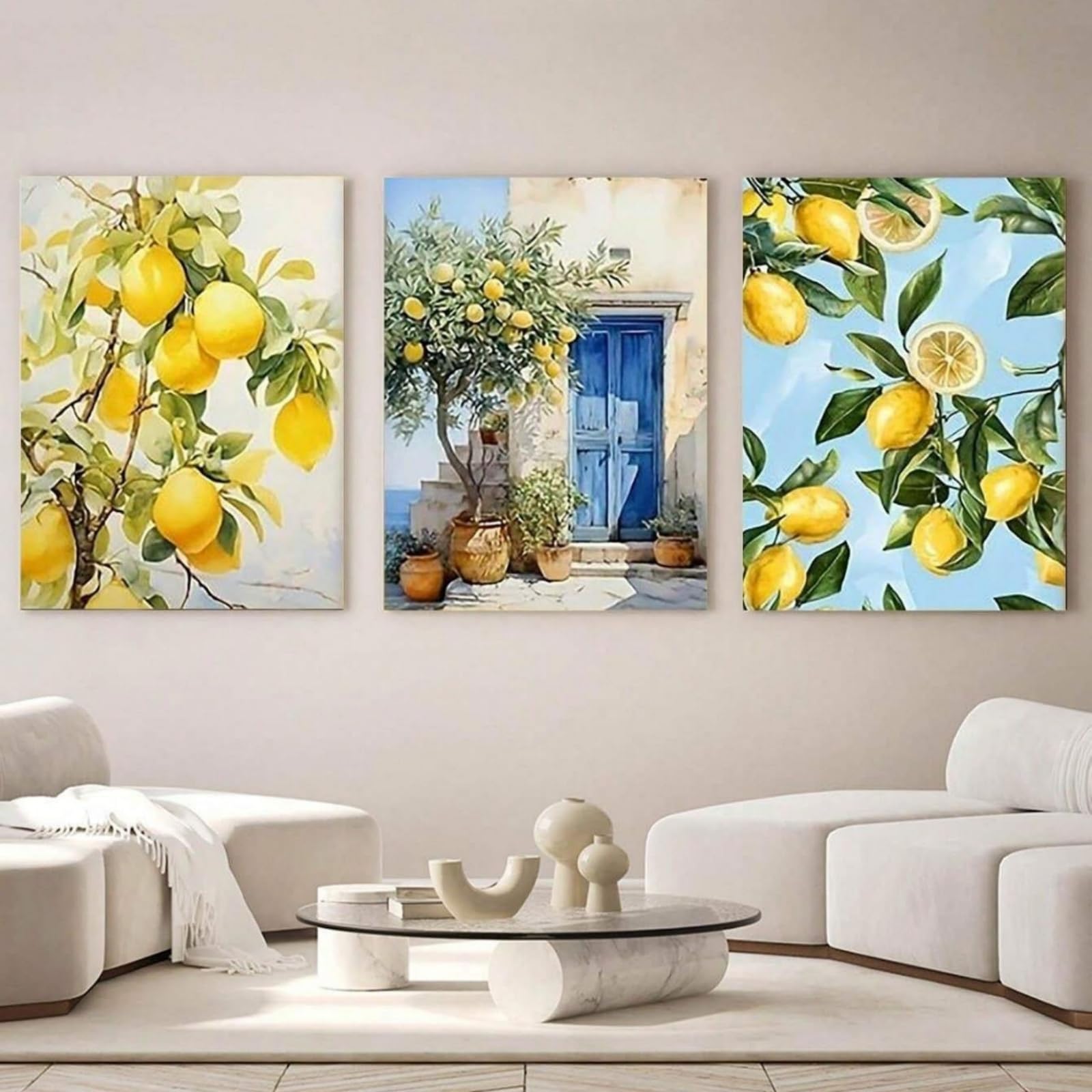 ZBELLO 3 Pieces Canvas Wall Art, Watercolor Mediterranean Tree & Yellow Citrus Prints, Farmhouse Fruit Wall Decor Posters for Kitchen Dining Room, Unframed (21x30cm,lemon)