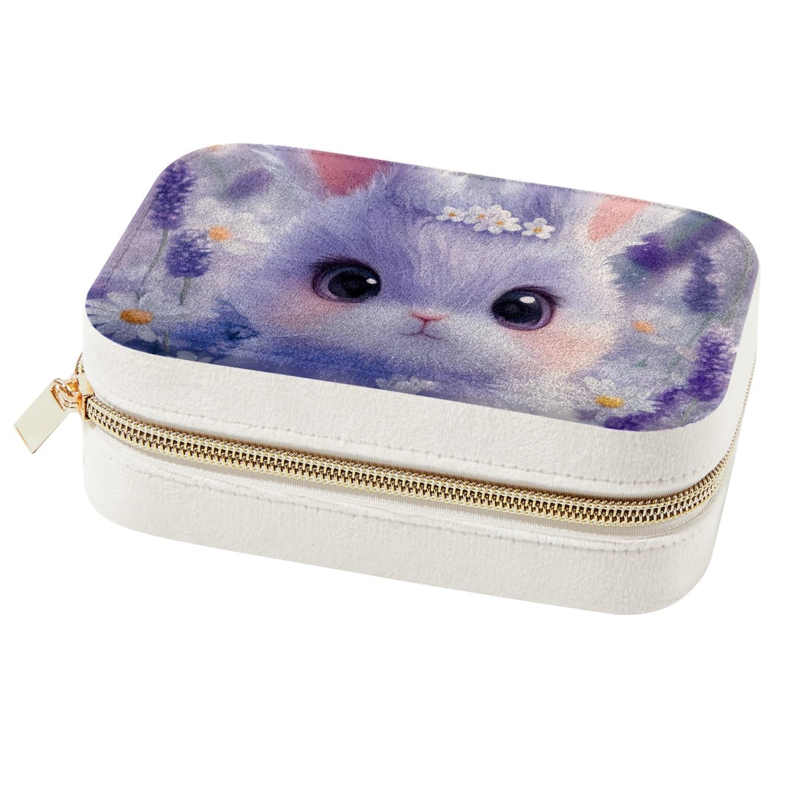 Boîte à bijoux portable motif lapin et lavande pour bagues et colliers
