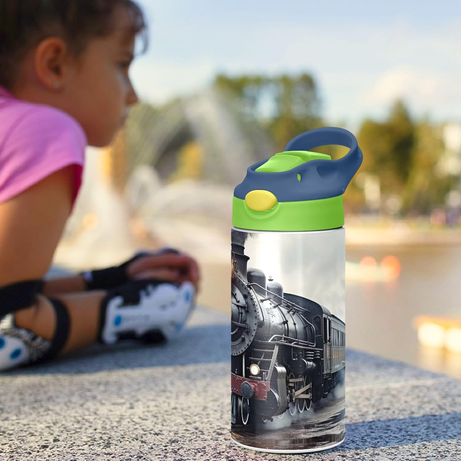 Vintage Train Insulated Stainless Steel Water Bottle for Kids Toddlers Steel Cup with Straw & Handle Kids Water Bottle for School Boys Girls Office Travel Sports Gym
