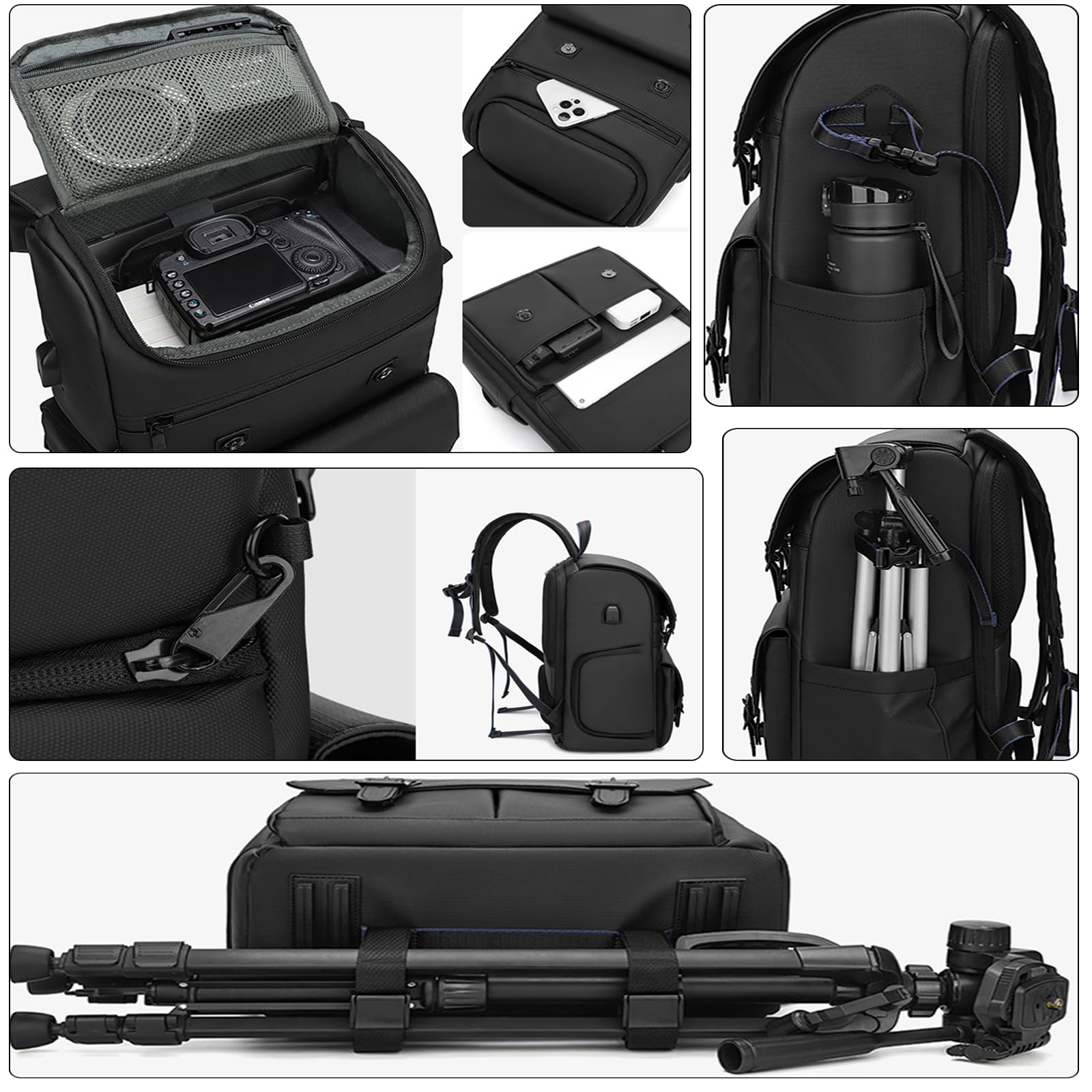 Zaino Fotografico Multifunzionale, Borsa Fotografica con Scomparto per Laptop da 16 Pollici e Antifurto, Zaino Impermeabile per Treppiede, Fotocamera, Obiettivi e Accessori (Grigio)