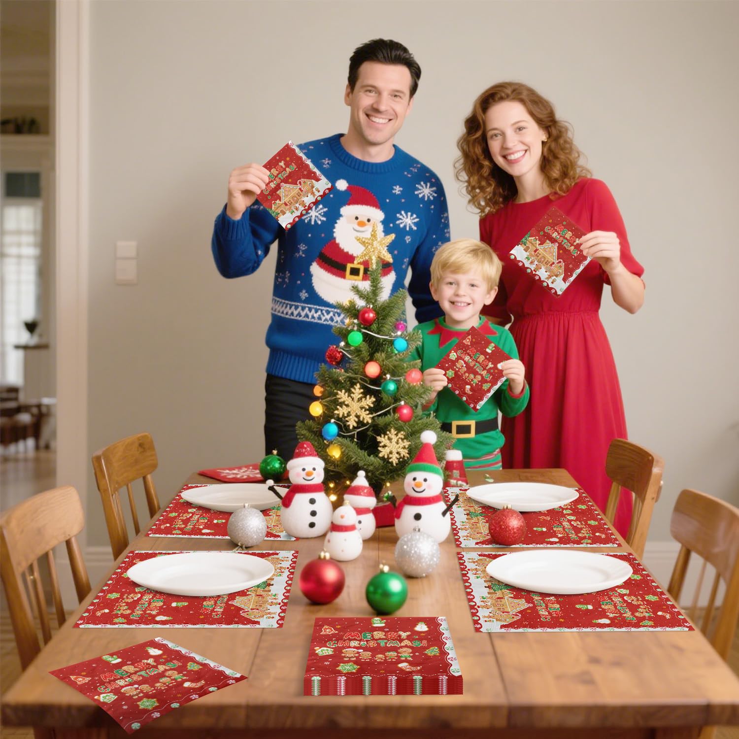 100 servilletas de Navidad de pan de jengibre, 13 x 13 pulgadas, copos de nieve, servilletas de papel para almuerzo, servilletas rojas de Papá Noel, para Año Nuevo, invierno, vacaciones, suministros
