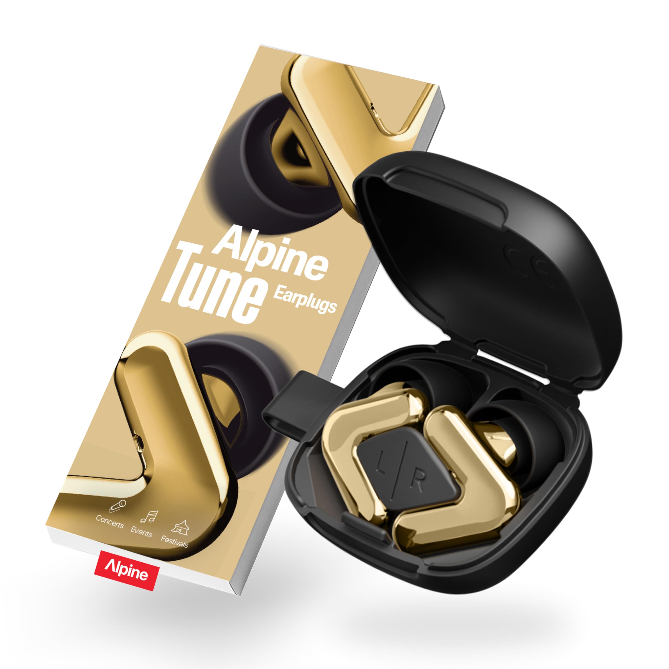Alpine Tune Bouchons d’Oreilles Haute Fidélité – Protection Auditive Certifiée 19 dB pour Concerts, Musique, Festivals et Clubs, 4 Tailles, Coloris Or