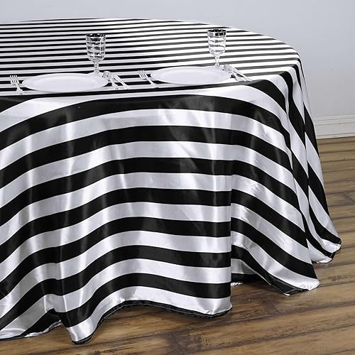 Miniatura 2 de Efavormart - Mantel redondo de satén a rayas blancas y negras de 120 pulgadas sin costuras para decoración de bodas, fiestas, eventos