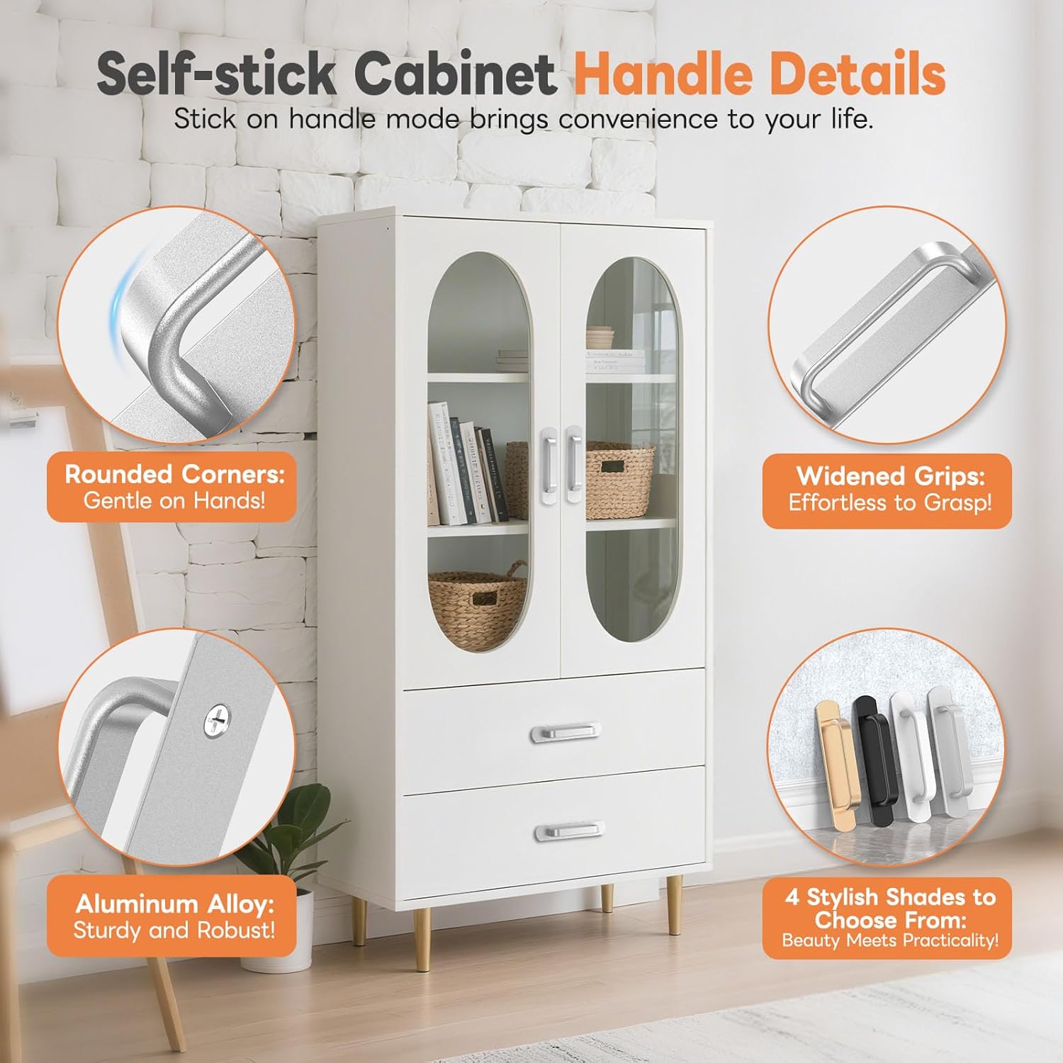 2 Pack 5.7 Inch Adhesive Cabinet Handles - No Drill Stick on Door Push Pulls for Closet, Drawer, Fridge - Peel & Stick Sliding Door Handles with Strong Adhesive & Secure Grip (2, Silver)