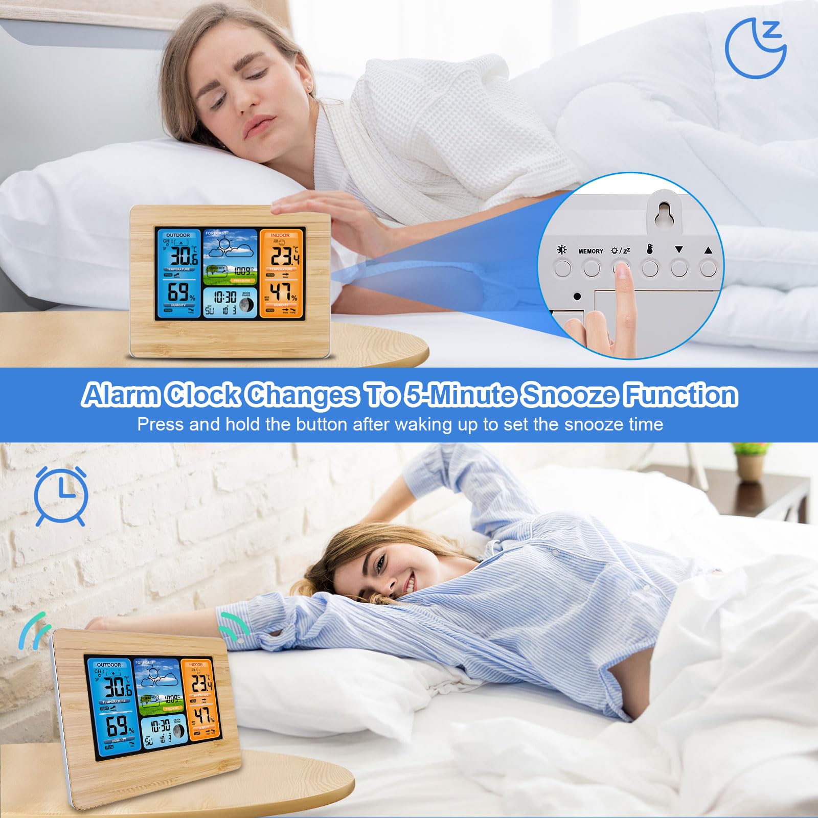 Stazione Meteorologica Con Sensore Wireless Esterno, Stazione Meteorologica Digitale per La Casa- Stazioni Meteorologiche Digitali Lcd Con Allarme E Temperatura/Umidità//Fase Lunare/Sveglia/Data Ora