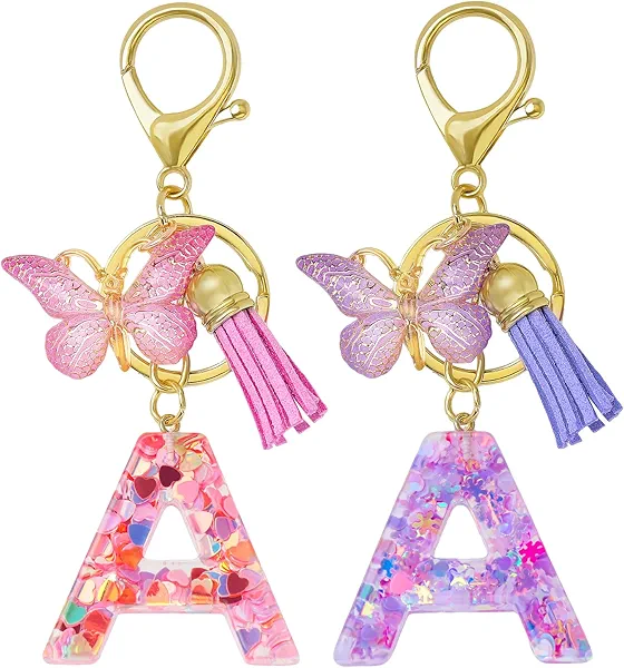 HKOVNE Initial Letter Keychains for Women Pink Purple Butterfly Tassel Keychain for Purse Handbags Backpacks School Bags