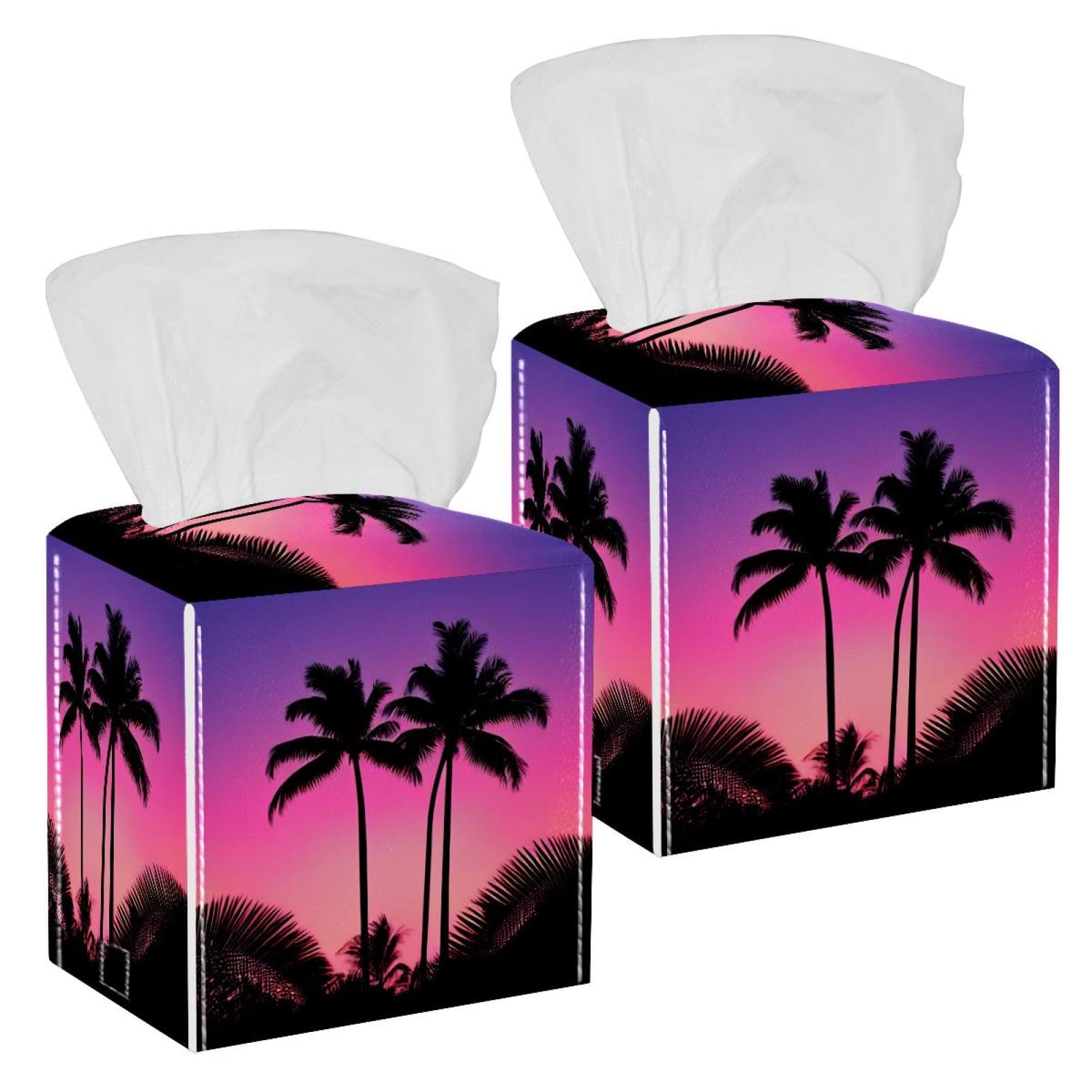 Coconut Tree Silhouette Tissue Box Cover, 2 Pack PU Leather Square Facial Tissue Dispenser Box holder for Home Office Car