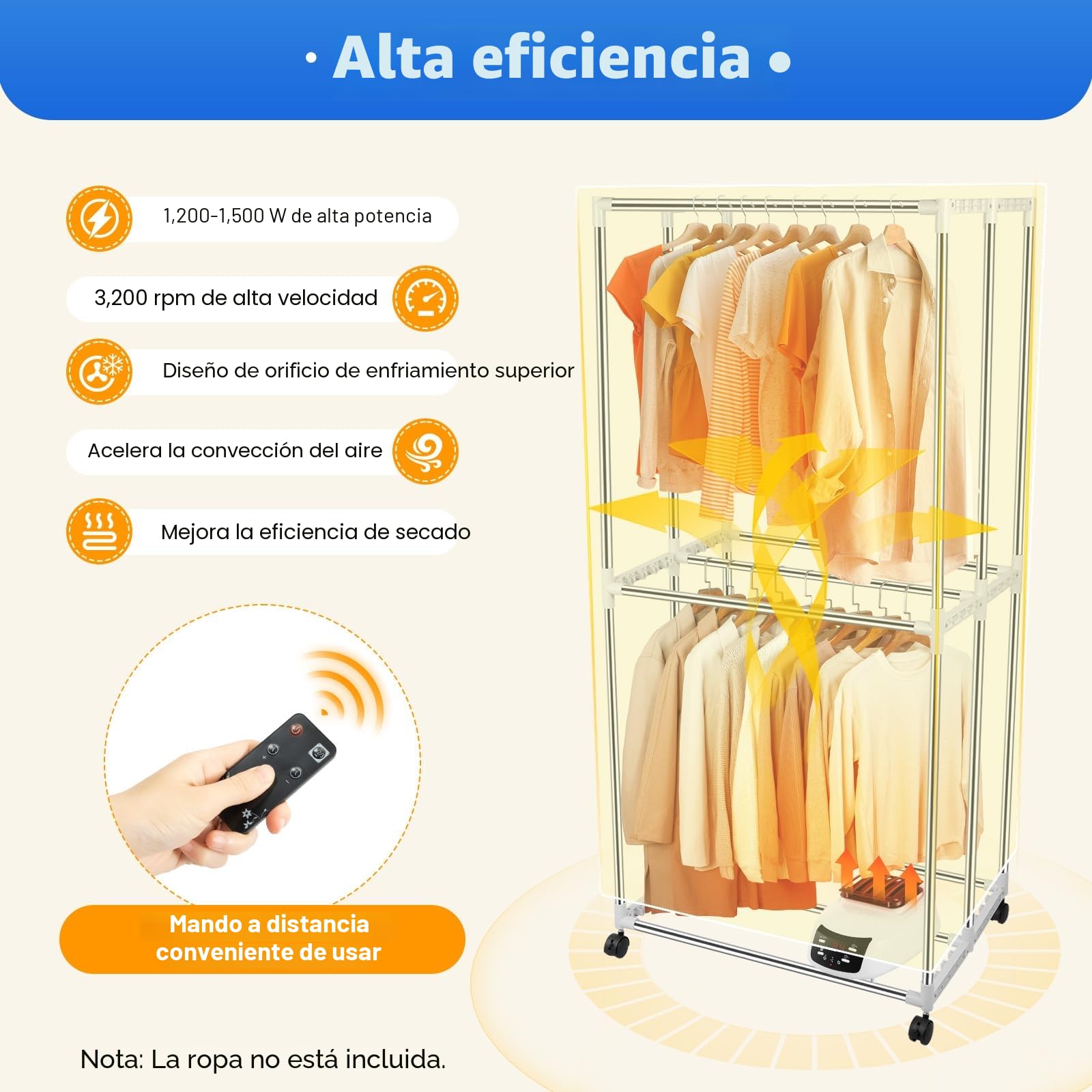 Secadora de ropa eléctrica, secadora plegable de 3 velocidades con mando a distancia, estante de secadora,0-240 minutos función de temporización, gran capacidad, diseño de doble capa, para casas