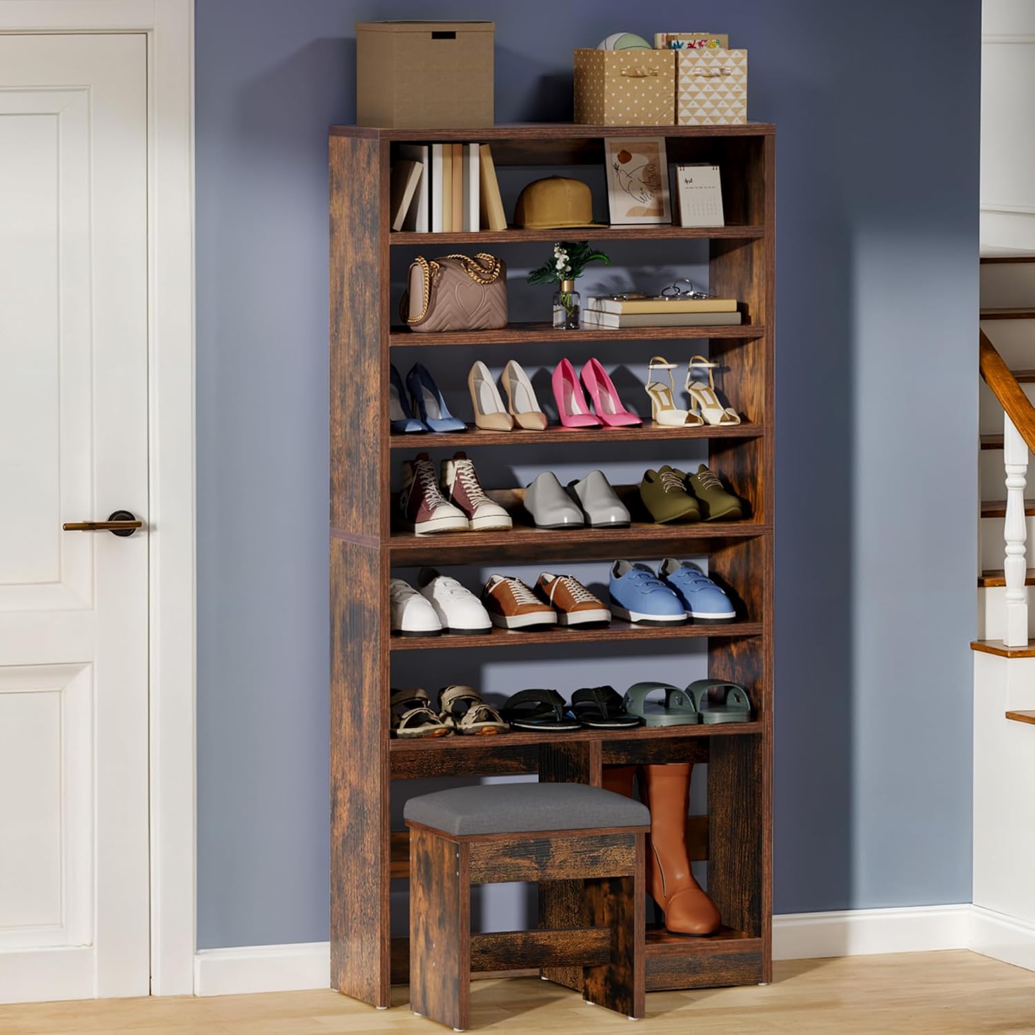 DWVO Shoe Cabinet with Hidden Bench, 8 Tiers Free Standing Shoe Racks, 70.9'' Tall Shoe Cabinet with Open Storage & High Boots Cubby for Entryway, Living Room, Rustic Brown