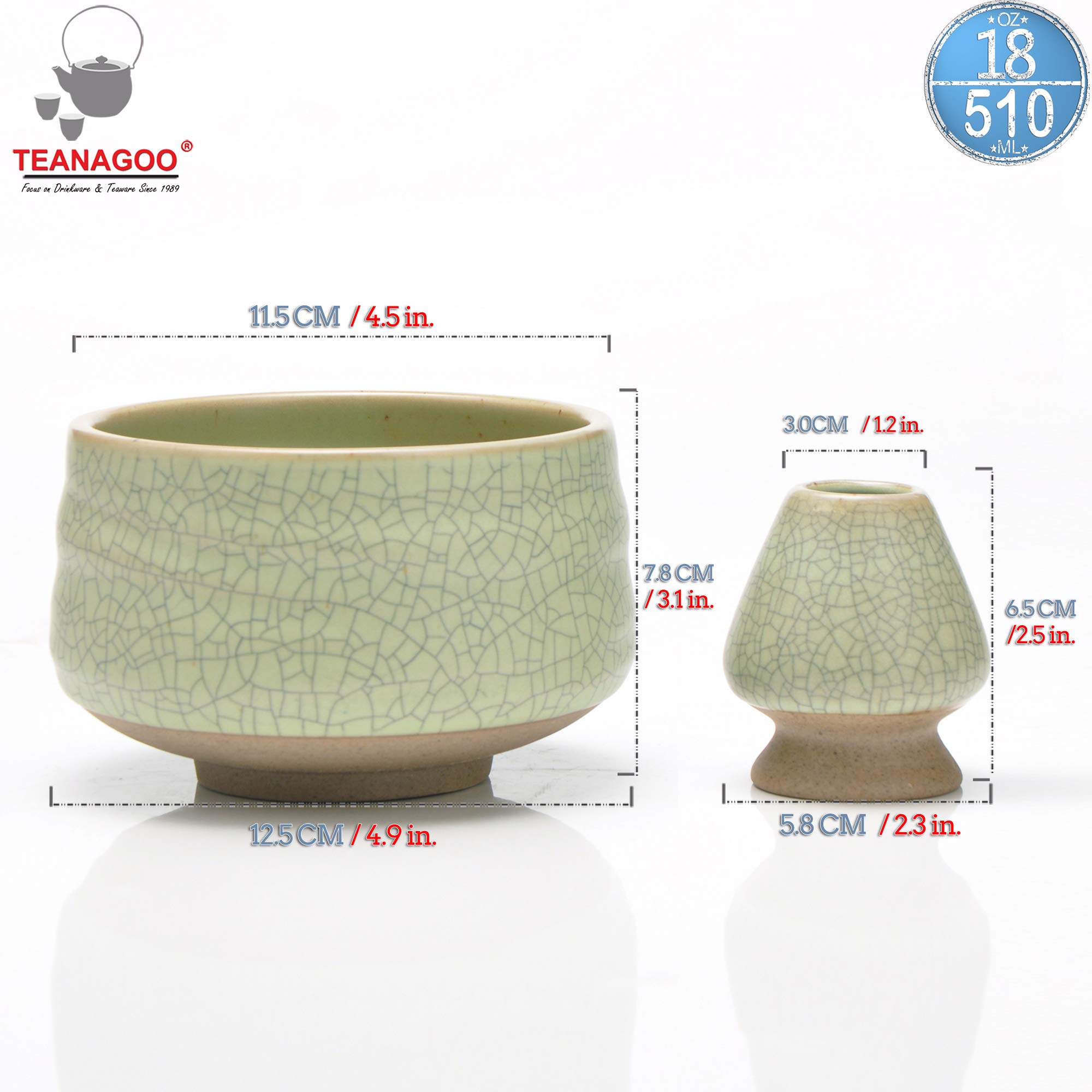 TEANAGOO EMB-6 Japan Matcha Bowl in Porcellana e Matcha Whisk (Chasen) Set di Supporti per imballaggio, 18OZ / 510 ML, Verde Chiaro Opaco con Cucitura Nera, 2 Pezzi/scatole.…