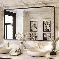 Vista 9 de ISKM Espejo con marco negro para pared de 20 x 16 pulgadas, espejo de tocador de baño antioxidante, vidrio templado, espejo rectangular redondeado