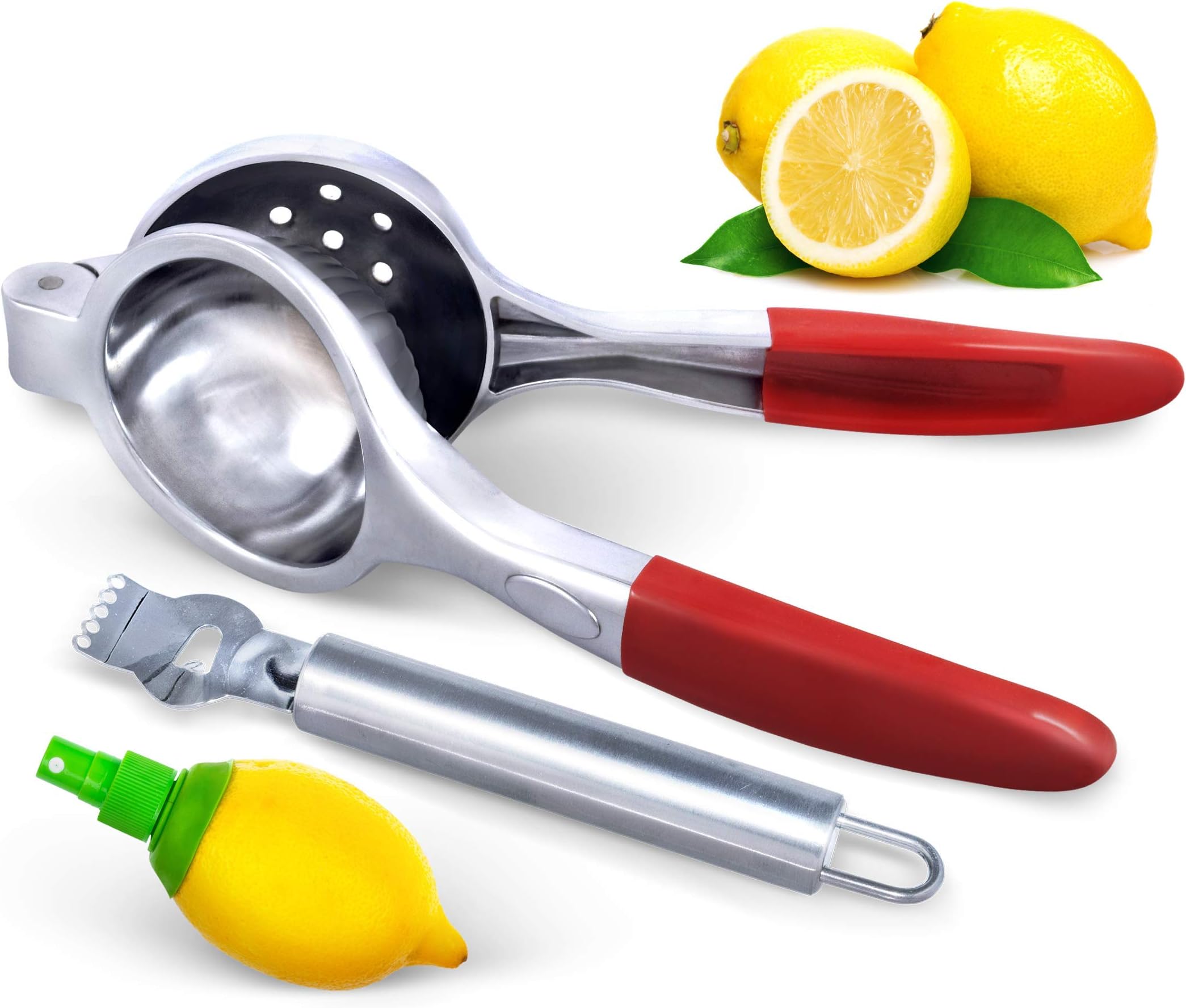 Zester Peeler and Lemon Spritzer Manual Juicer Citrus Press, Extra Large, Silicone Handles, Heavy Duty
